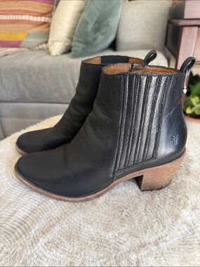 Frye Black Leather Ankle Booties with Stacked Wood Heel
